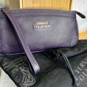 VERSACE Collection Pebbled Leather Eggplant Dark Purple Wristlet Clutch Bag